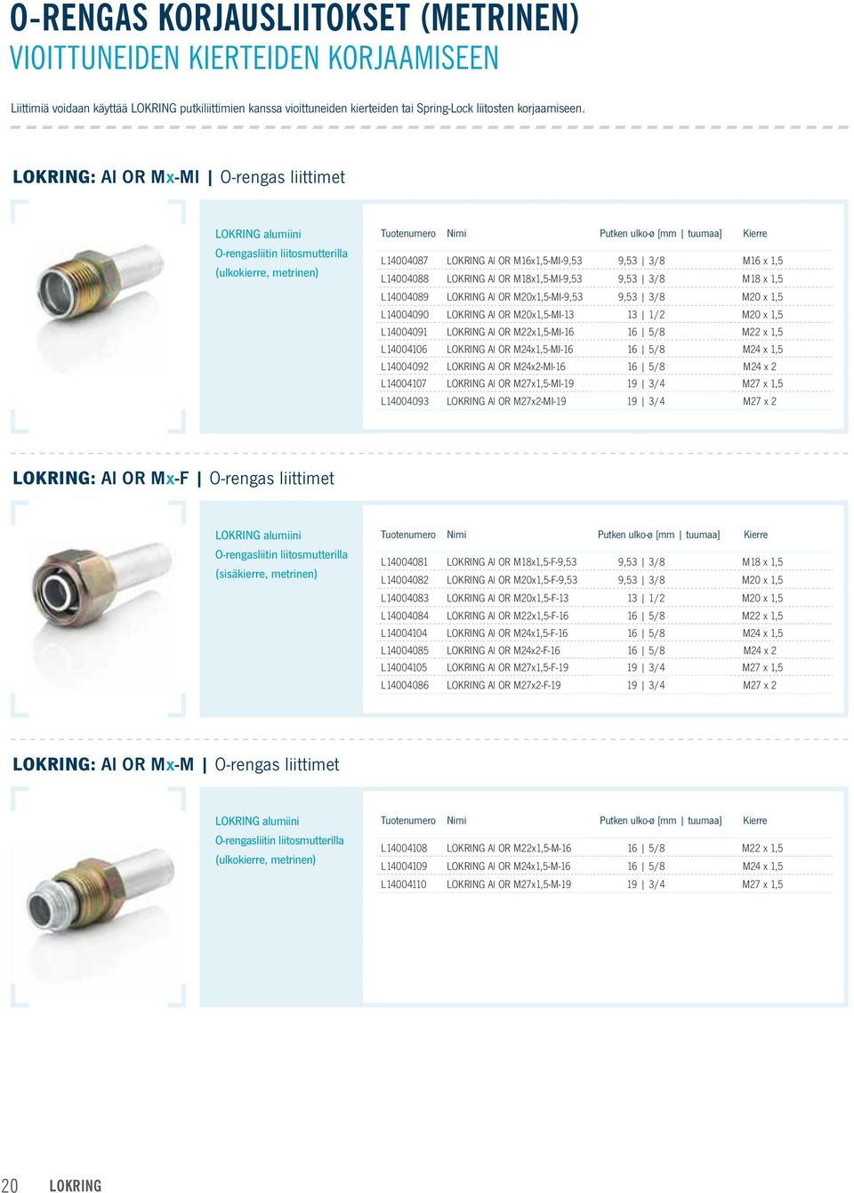 M16x1,5-MI-9,53 9,53 3/8 M16 x 1,5 L14004088 LOKRING Al OR M18x1,5-MI-9,53 9,53 3/8 M18 x 1,5 L14004089 LOKRING Al OR M20x1,5-MI-9,53 9,53 3/8 M20 x 1,5 L14004090 LOKRING Al OR M20x1,5-MI-13 13 1/2