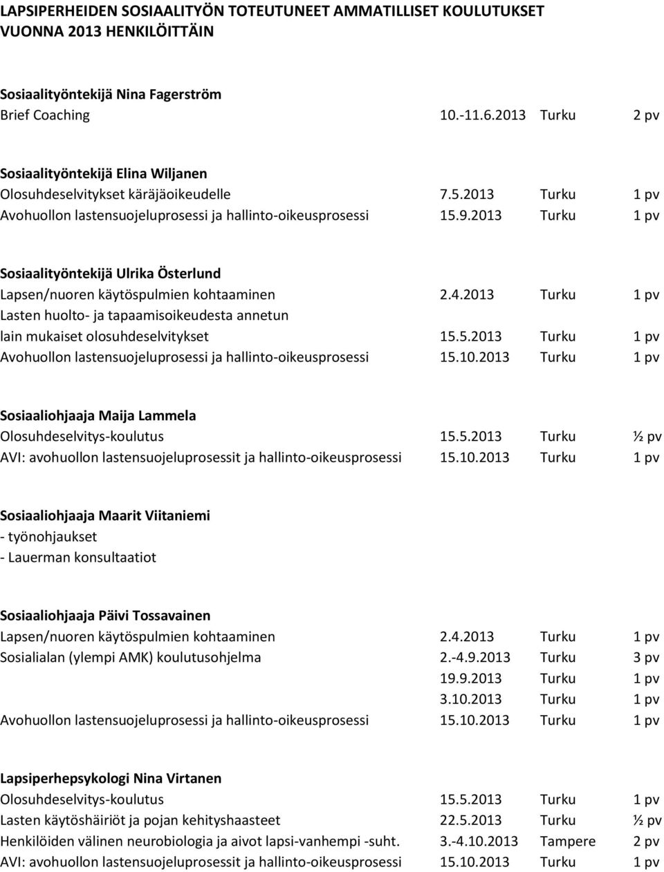 2013 Turku 1 pv Sosiaalityöntekijä Ulrika Österlund Lapsen/nuoren käytöspulmien kohtaaminen 2.4.2013 Turku 1 pv Lasten huolto- ja tapaamisoikeudesta annetun lain mukaiset olosuhdeselvitykset 15.