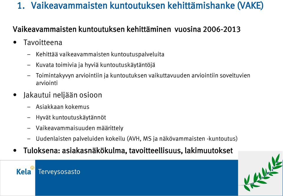 vaikuttavuuden arviointiin soveltuvien arviointi Jakautui neljään osioon Asiakkaan kokemus Hyvät kuntoutuskäytännöt Vaikeavammaisuuden