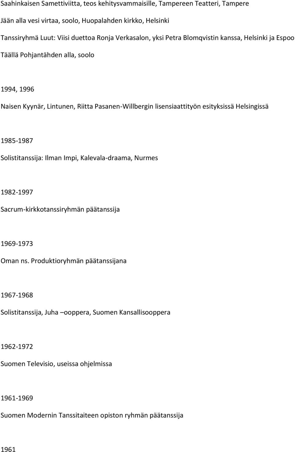 esityksissä Helsingissä 1985-1987 Solistitanssija: Ilman Impi, Kalevala-draama, Nurmes 1982-1997 Sacrum-kirkkotanssiryhmän päätanssija 1969-1973 Oman ns.