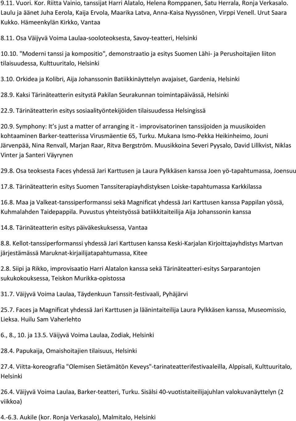 10. "Moderni tanssi ja kompositio", demonstraatio ja esitys Suomen Lähi- ja Perushoitajien liiton tilaisuudessa, Kulttuuritalo, Helsinki 3.10. Orkidea ja Kolibri, Aija Johanssonin Batiikkinäyttelyn avajaiset, Gardenia, Helsinki 28.