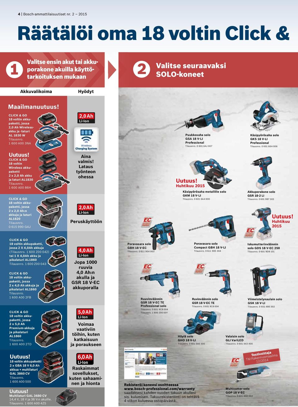 CLICK & GO 18 voltin akkupaketti, jossa 2,0 Ah Wirelessakku ja -laturi AL 1830 W Tilausnro. 1 600 A00 3NA 2,0 Ah Puukkosaha solo GSA 18 V-LI Tilausnro.