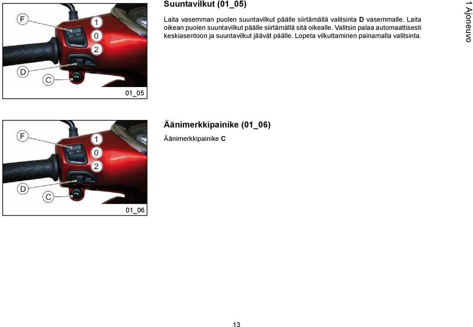 Valitsin palaa automaattisesti keskiasentoon ja suuntavilkut jäävät päälle.