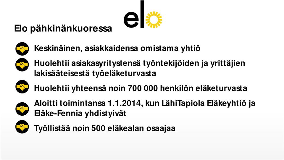 Huolehtii yhteensä noin 700 000 henkilön eläketurvasta Aloitti toimintansa 1.