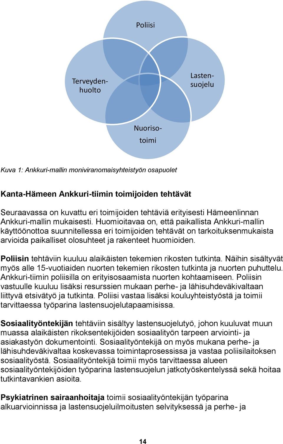 Huomioitavaa on, että paikallista Ankkuri-mallin käyttöönottoa suunnitellessa eri toimijoiden tehtävät on tarkoituksenmukaista arvioida paikalliset olosuhteet ja rakenteet huomioiden.