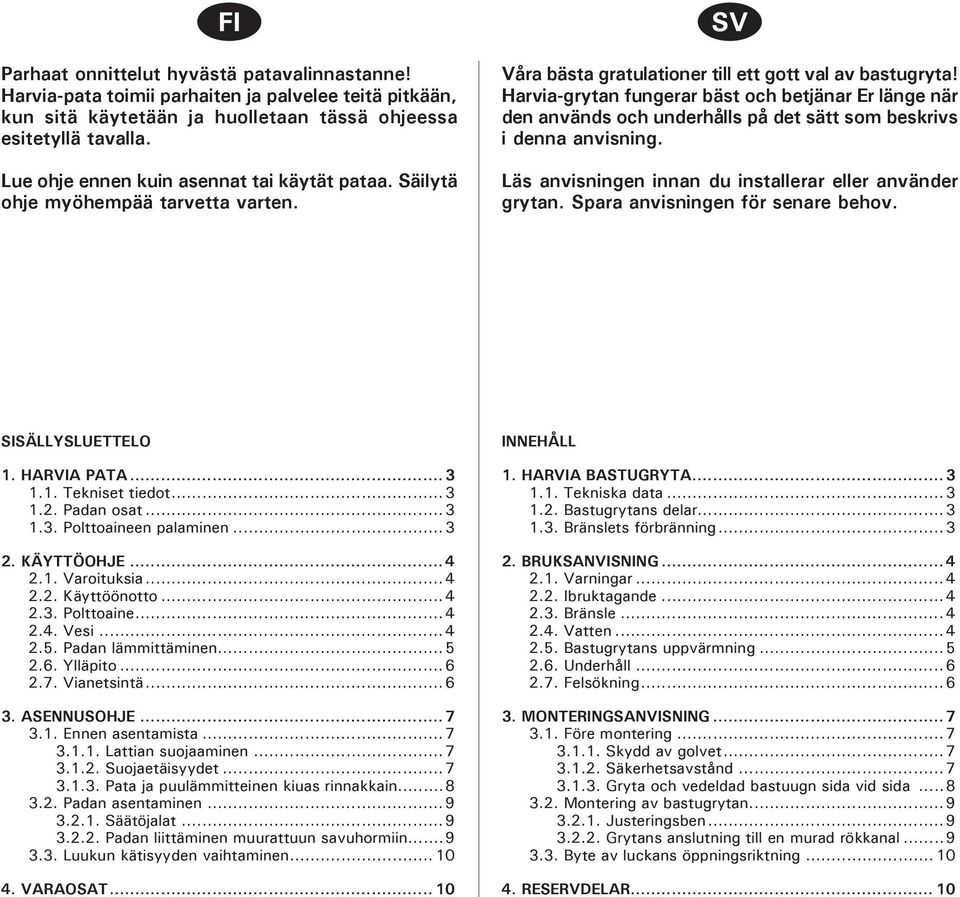 Harvia-grytan fungerar bäst och betjänar Er länge när den används och underhålls på det sätt som beskrivs i denna anvisning. Läs anvisningen innan du installerar eller använder grytan.