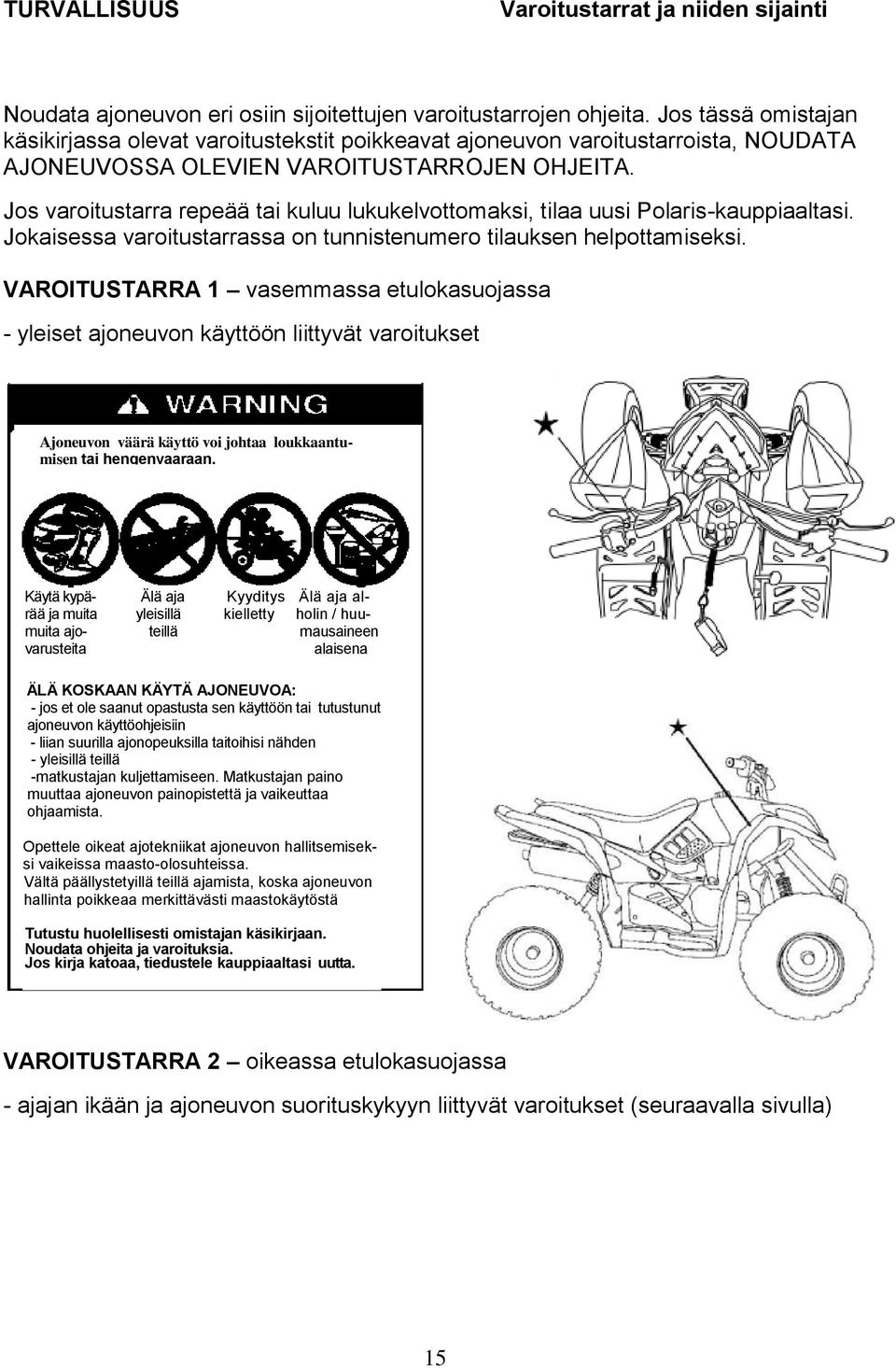 Jos varoitustarra repeää tai kuluu lukukelvottomaksi, tilaa uusi Polaris-kauppiaaltasi. Jokaisessa varoitustarrassa on tunnistenumero tilauksen helpottamiseksi.