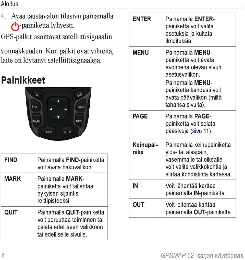 Painamalla MENUpainiketta kahdesti voit avata päävalikon (miltä tahansa sivulta). Painamalla PAGEpainiketta voit selata pääsivuja (sivu 11).