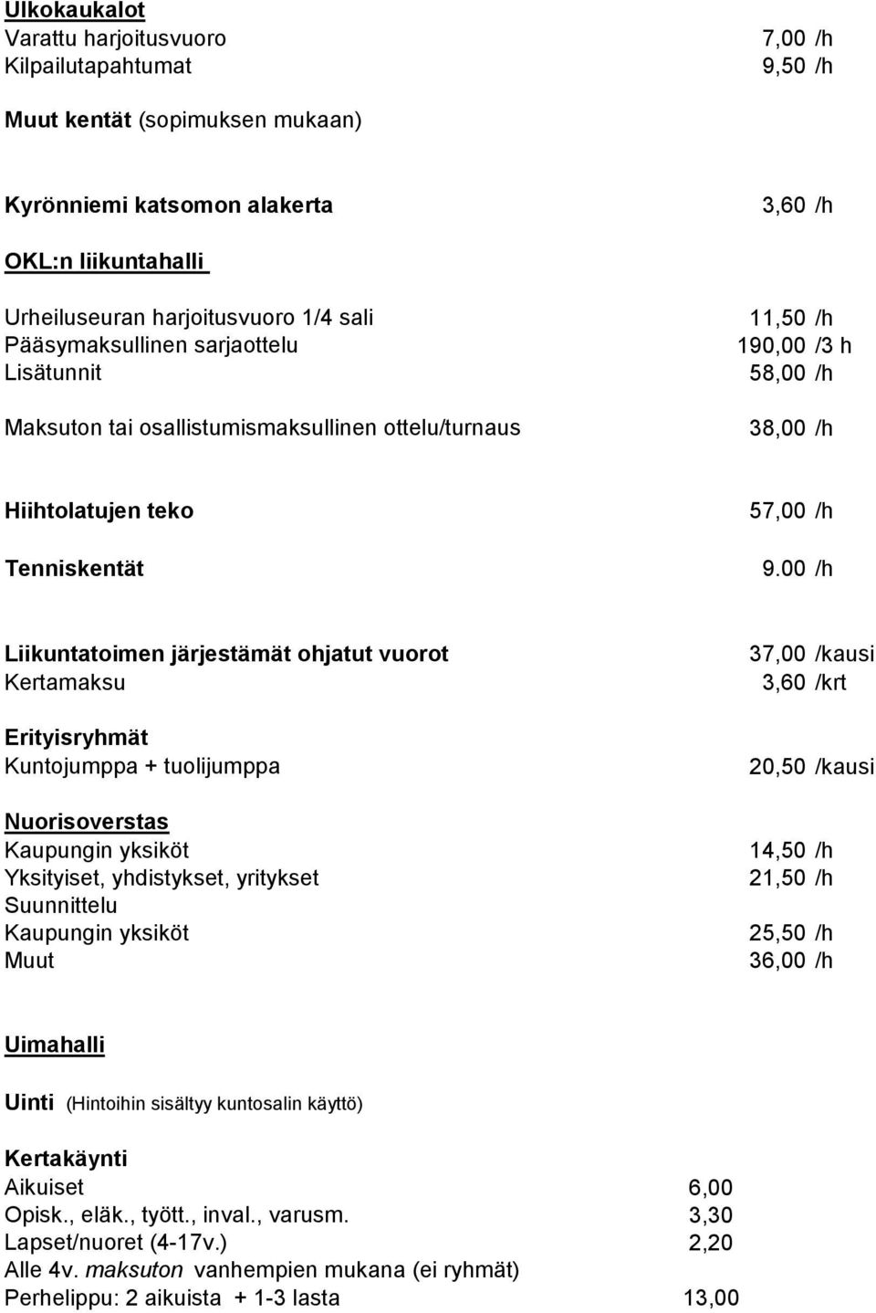 00 /h Liikuntatoimen järjestämät ohjatut vuorot Kertamaksu Erityisryhmät Kuntojumppa + tuolijumppa Nuorisoverstas Kaupungin yksiköt Yksityiset, yhdistykset, yritykset Suunnittelu Kaupungin yksiköt
