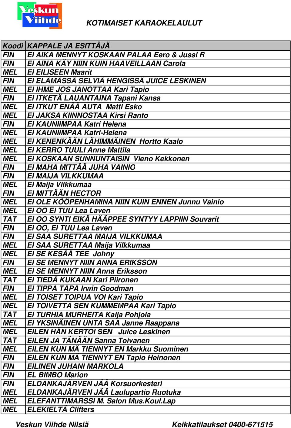 Hortto Kaalo MEL EI KERRO TUULI Anne Mattila MEL EI KOSKAAN SUNNUNTAISIN Vieno Kekkonen FIN EI MAHA MITTÄÄ JUHA VAINIO FIN EI MAIJA VILKKUMAA MEL EI Maija Vilkkumaa FIN EI MITTÄÄN HECTOR MEL EI OLE