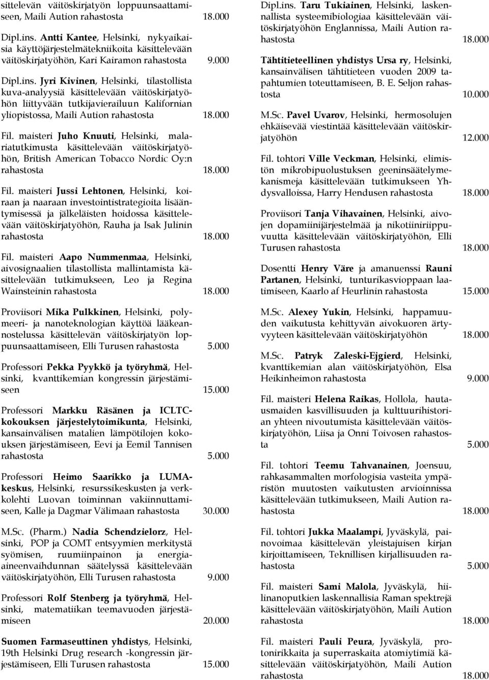 maisteri Juho Knuuti, Helsinki, malariatutkimusta käsittelevään väitöskirjatyöhön, British American Tobacco Nordic Oy:n Fil.