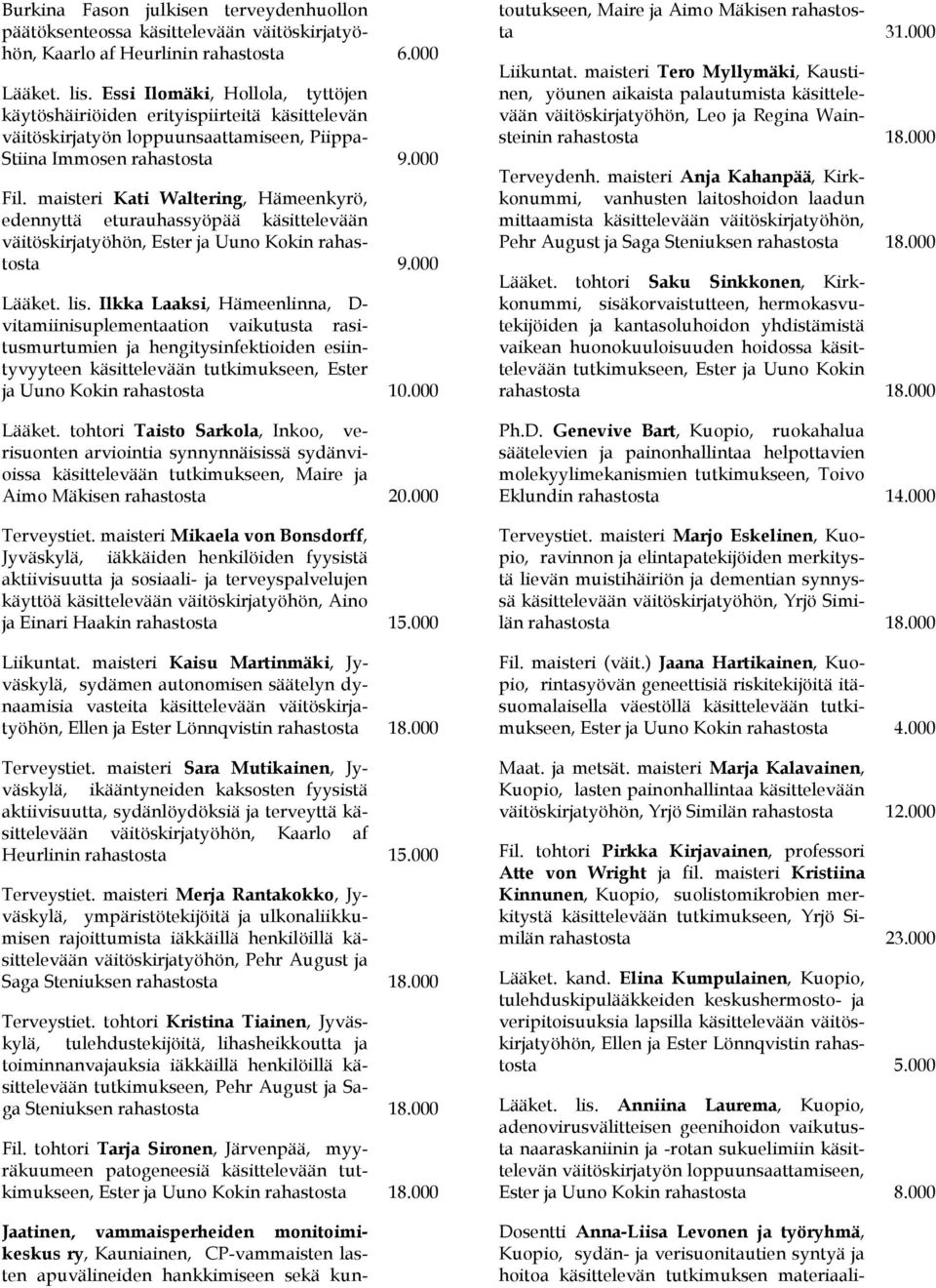 maisteri Kati Waltering, Hämeenkyrö, edennyttä eturauhassyöpää käsittelevään väitöskirjatyöhön, Ester ja Uuno Kokin rahastosta 9.000 Lääket. lis.