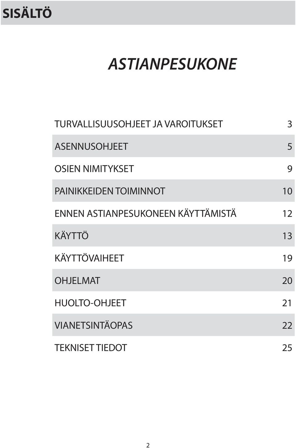 ENNEN ASTIANPESUKONEEN KÄYTTÄMISTÄ 12 KÄYTTÖ 13 KÄYTTÖVAIHEET