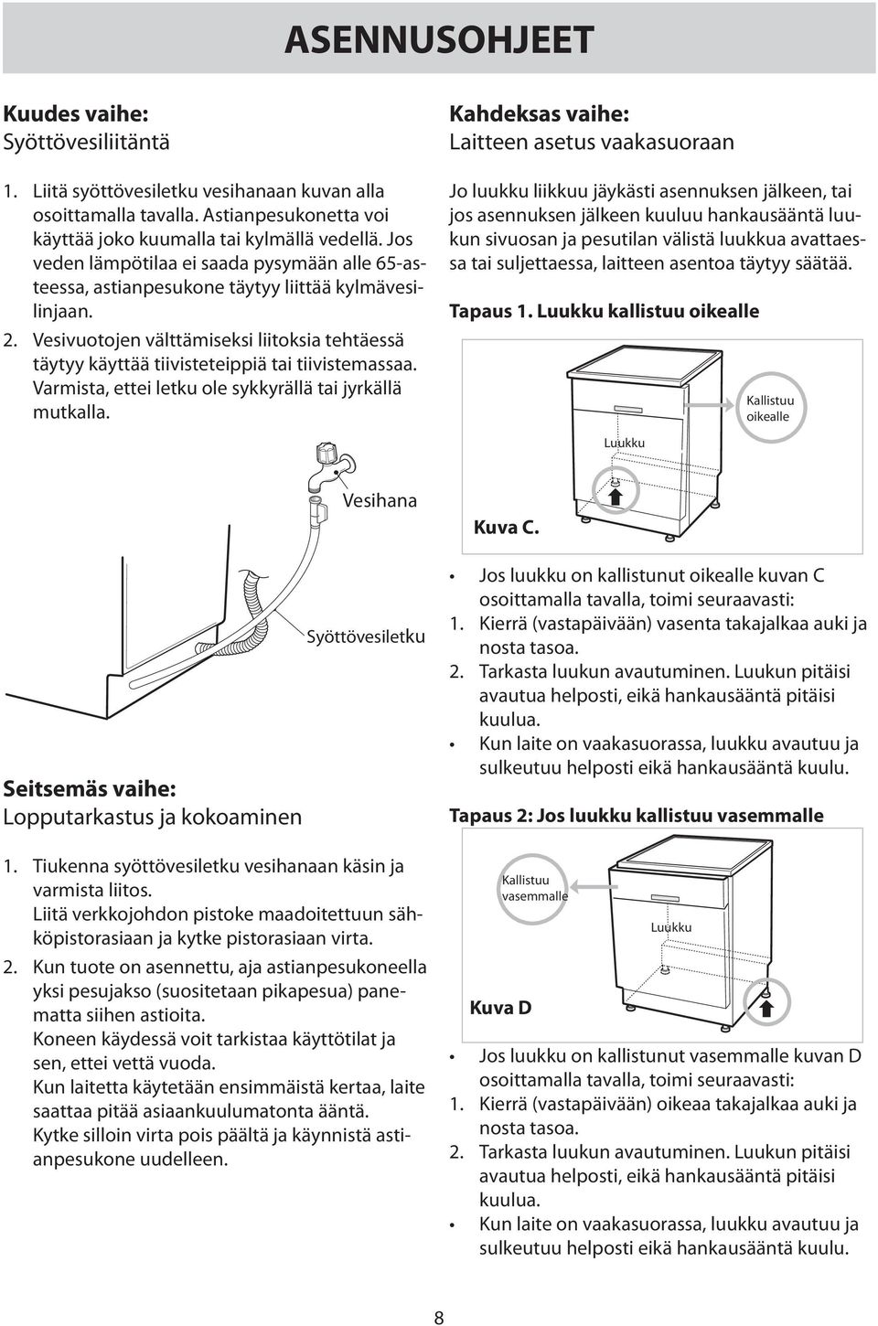 Vesivuotojen välttämiseksi liitoksia tehtäessä täytyy käyttää tiivisteteippiä tai tiivistemassaa. Varmista, ettei letku ole sykkyrällä tai jyrkällä mutkalla.