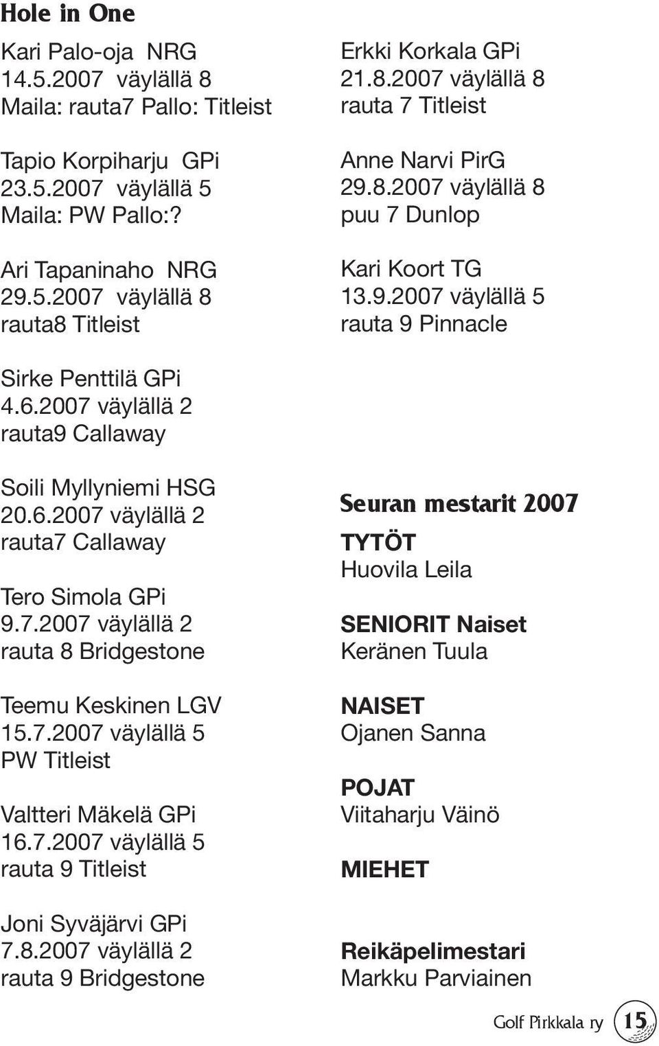 2007 väylällä 2 rauta9 Callaway Soili Myllyniemi HSG 20.6.2007 väylällä 2 rauta7 Callaway Tero Simola GPi 9.7.2007 väylällä 2 rauta 8 Bridgestone Teemu Keskinen LGV 15.7.2007 väylällä 5 PW Titleist Valtteri Mäkelä GPi 16.