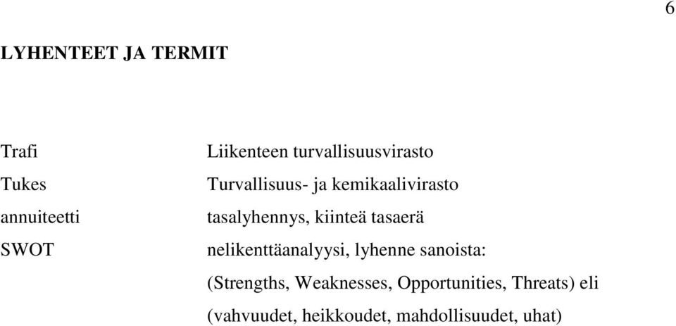 kiinteä tasaerä nelikenttäanalyysi, lyhenne sanoista: (Strengths,