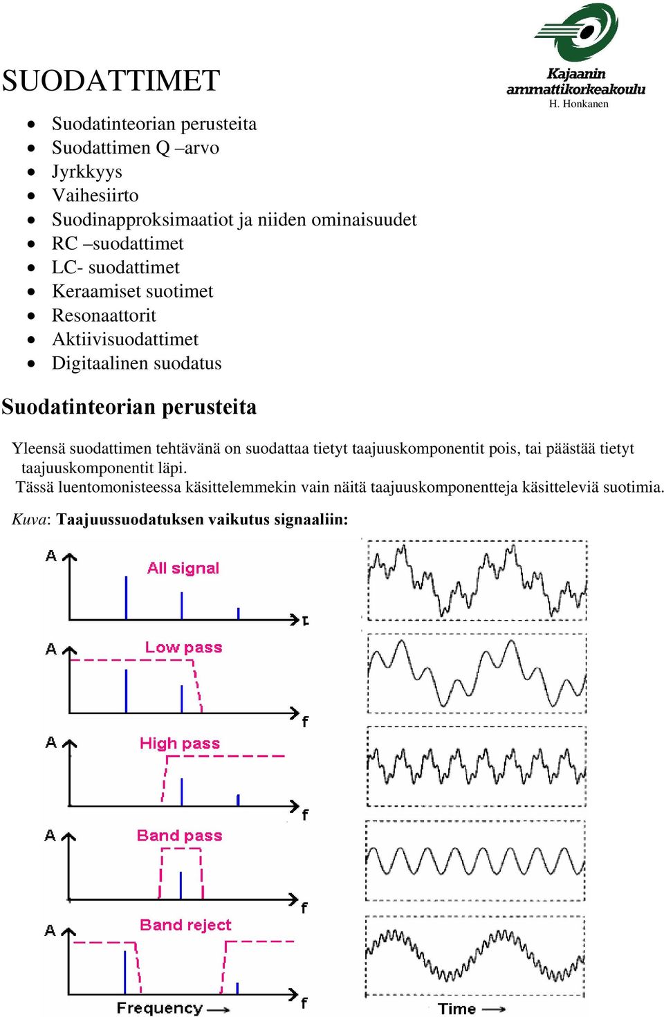 Honkanen Suodatinteorian perusteita Yleensä suodattimen tehtävänä on suodattaa tietyt taajuuskomponentit pois, tai päästää tietyt