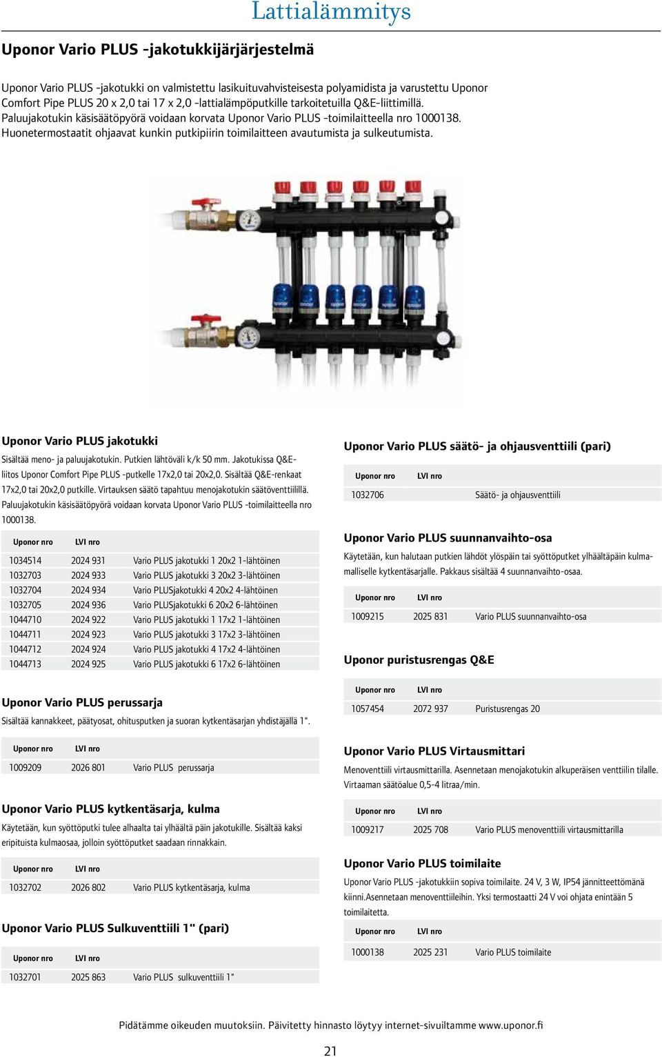 Vario PLUS jakotukki Sisältää meno- ja paluujakotukin. Putkien lähtöväli k/k 50 mm. Jakotukissa Q&Eliitos Comfort Pipe PLUS -putkelle 7x2,0 tai 20x2,0. Sisältää Q&E-renkaat 7x2,0 tai 20x2,0 putkille.