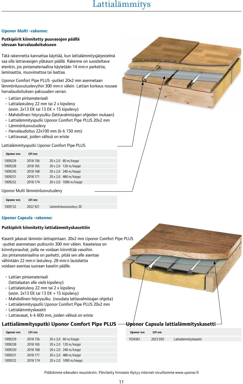 Comfort Pipe PLUS -putket 20x2 mm asennetaan lämmönluovutuslevyihin 300 mm:n välein. Lattian korkeus nousee harvalaudoituksen paksuuden verran.