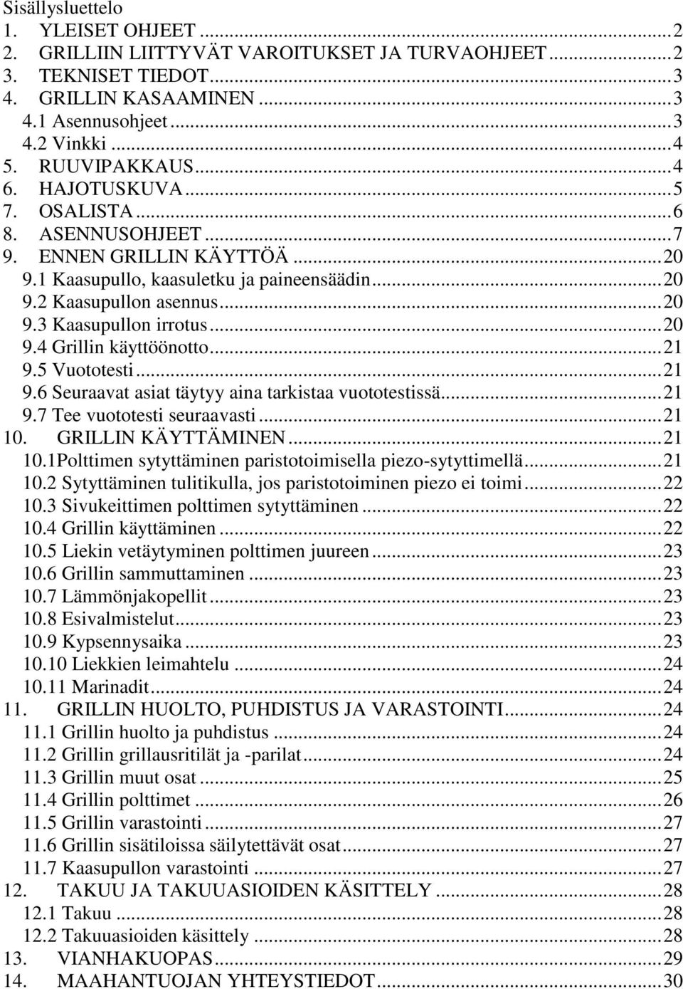 .. 20 9.4 Grillin käyttöönotto... 21 9.5 Vuototesti... 21 9.6 Seuraavat asiat täytyy aina tarkistaa vuototestissä... 21 9.7 Tee vuototesti seuraavasti... 21 10.