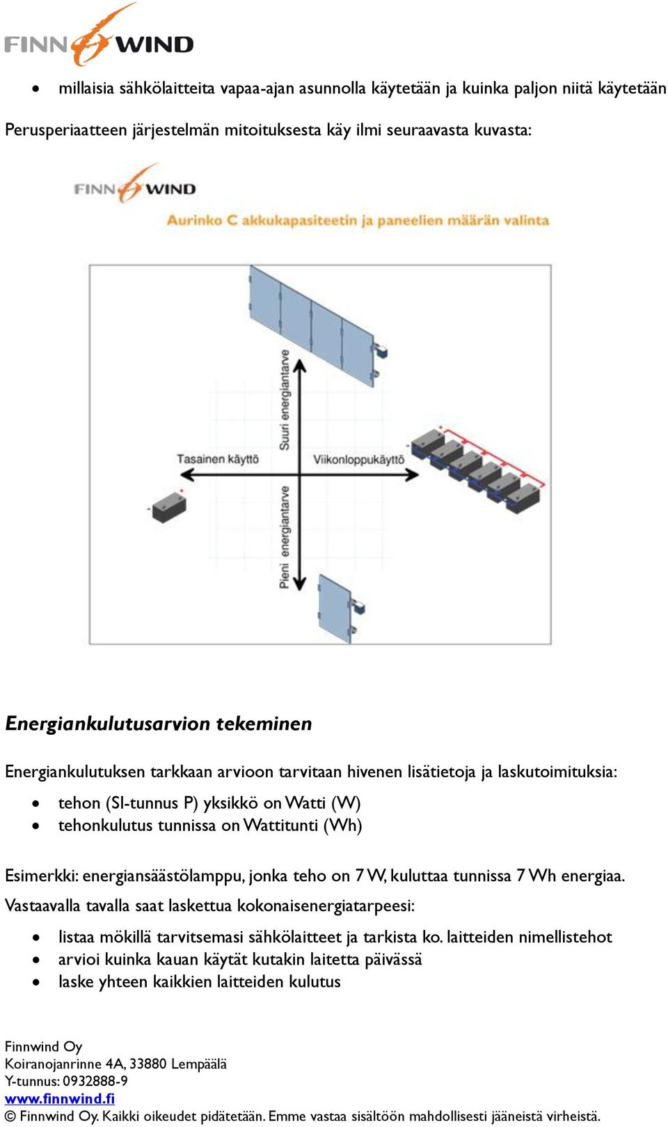 energiansäästölamppu, jonka teho on 7 W, kuluttaa tunnissa 7 Wh energiaa. Vastaavalla tavalla saat laskettua kokonaisenergiatarpeesi: listaa mökillä tarvitsemasi sähkölaitteet ja tarkista ko.