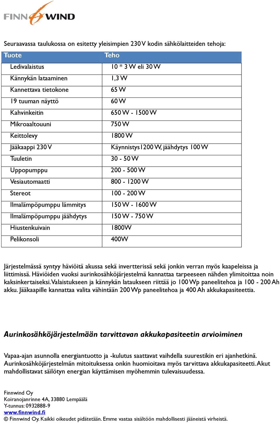 Ilmalämpöpumppu lämmitys 150 W - 1600 W Ilmalämpöpumppu jäähdytys 150 W - 750 W Hiustenkuivain 1800W Pelikonsoli 400W Järjestelmässä syntyy häviöitä akussa sekä invertterissä sekä jonkin verran myös