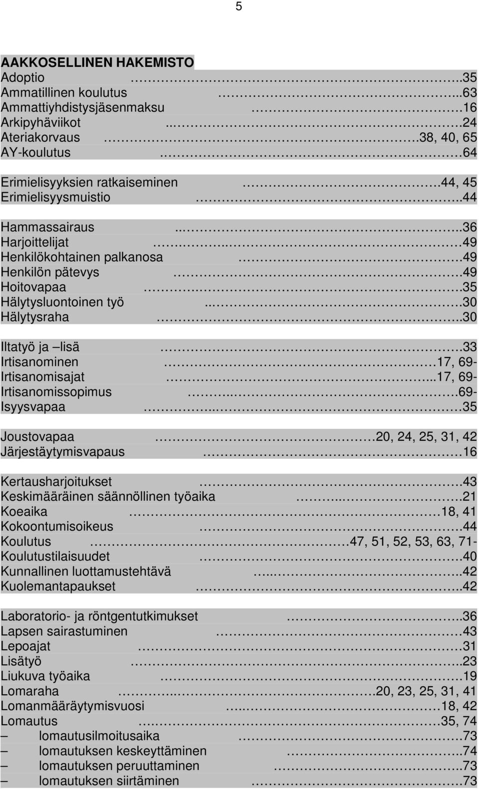 33 Irtisanominen 17, 69- Irtisanomisajat...17, 69- Irtisanomissopimus...69- Isyysvapaa.. 35 Joustovapaa 20, 24, 25, 31, 42 Järjestäytymisvapaus 16 Kertausharjoitukset.