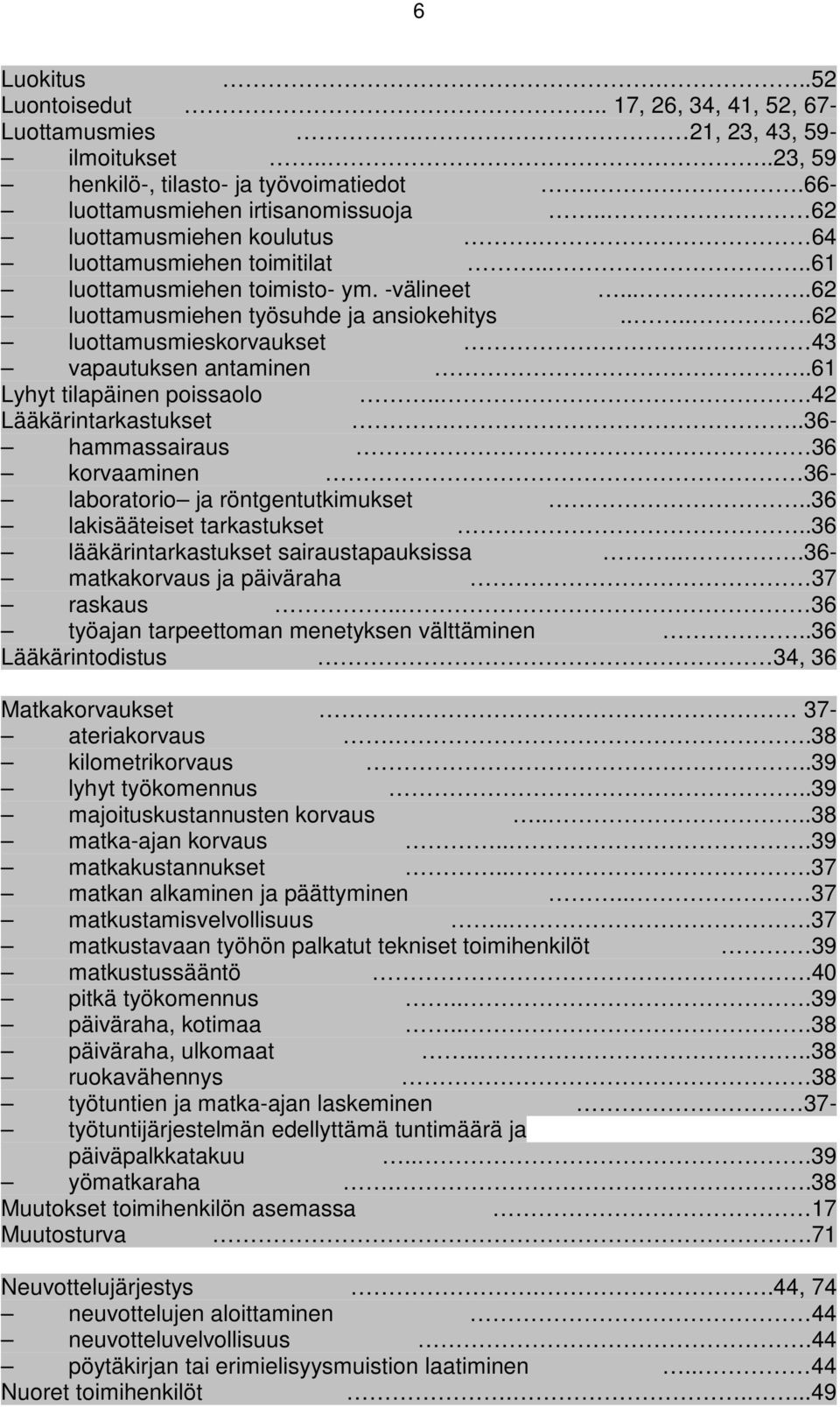 43 vapautuksen antaminen..61 Lyhyt tilapäinen poissaolo...42 Lääkärintarkastukset...36- hammassairaus 36 korvaaminen 36- laboratorio ja röntgentutkimukset..36 lakisääteiset tarkastukset.