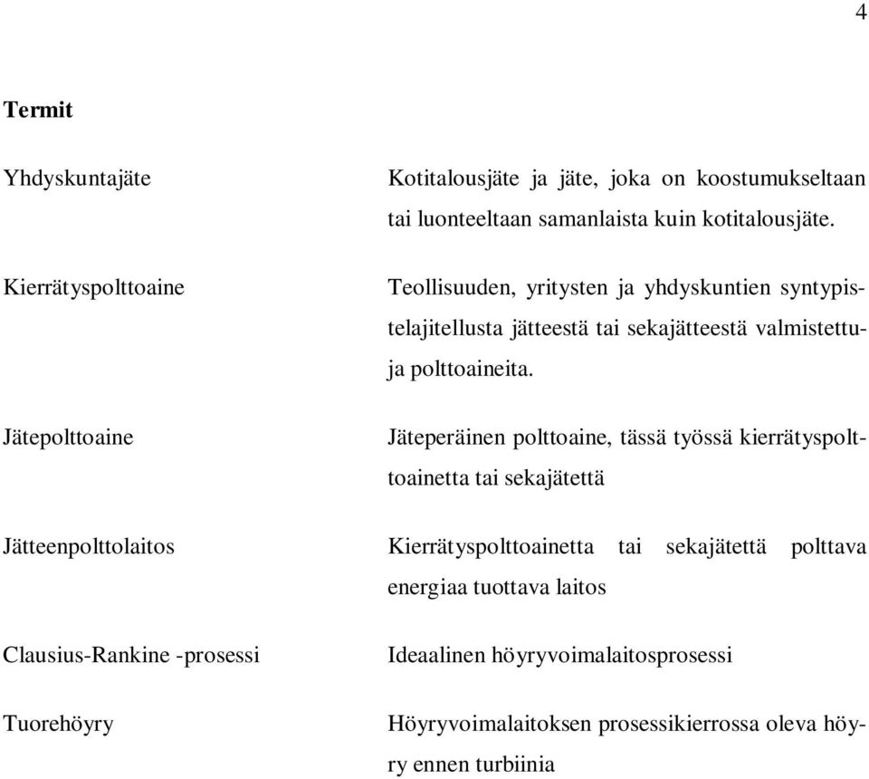 Jäteperäinen polttoaine, tässä työssä kierrätyspolttoainetta tai sekajätettä Jätteenpolttolaitos Kierrätyspolttoainetta tai sekajätettä polttava