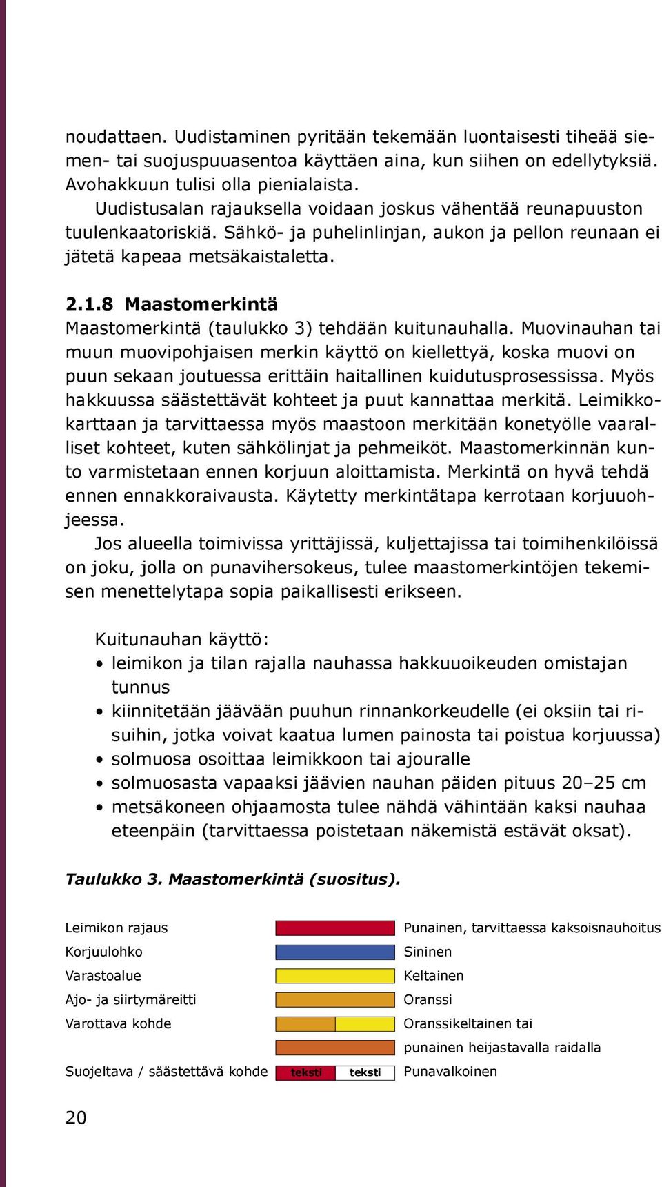 8 Maastomerkintä Maastomerkintä (taulukko 3) tehdään kuitunauhalla.