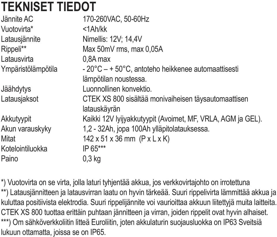 Latausjaksot CTEK XS 800 sisältää monivaiheisen täysautomaattisen latauskäyrän Akkutyypit Kaikki 12V lyijyakkutyypit (Avoimet, MF, VRLA, AGM ja GEL).