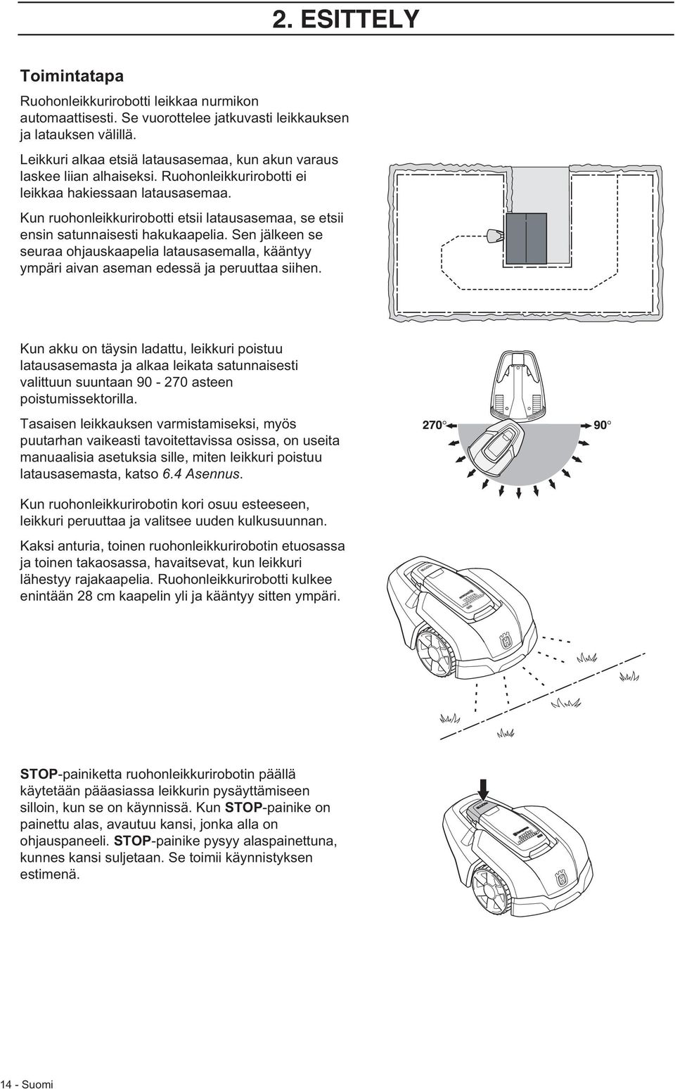 Kun ruohonleikkurirobotti etsii latausasemaa, se etsii ensin satunnaisesti hakukaapelia. Sen jälkeen se seuraa ohjauskaapelia latausasemalla, kääntyy ympäri aivan aseman edessä ja peruuttaa siihen.