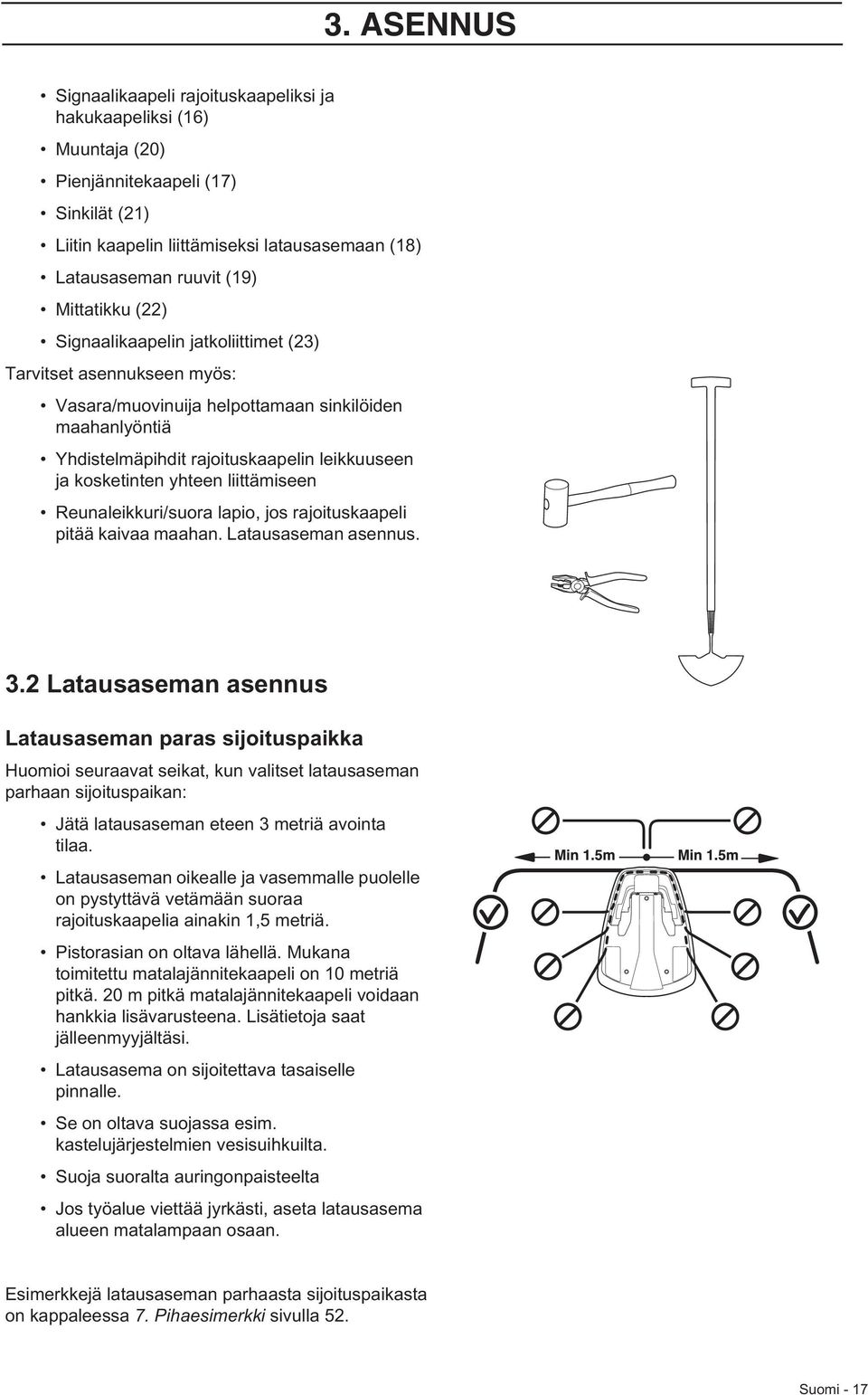 yhteen liittämiseen Reunaleikkuri/suora lapio, jos rajoituskaapeli pitää kaivaa maahan. Latausaseman asennus. 3.