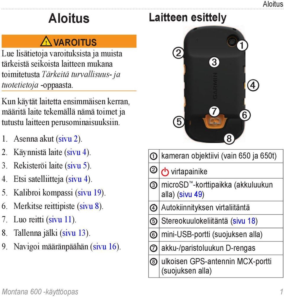 4. Etsi satelliitteja (sivu 4). 5. Kalibroi kompassi (sivu 19). 6. Merkitse reittipiste (sivu 8). 7. Luo reitti (sivu 11). 8. Tallenna jälki (sivu 13). 9. Navigoi määränpäähän (sivu 16).