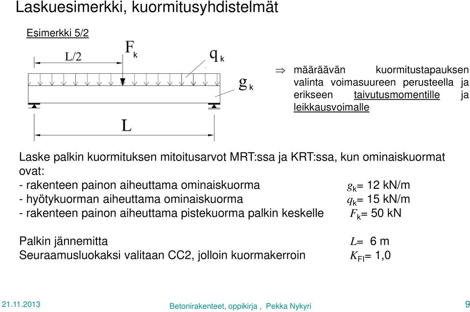 rakenteen painon aiheuttama ominaiskuorma g k 12 kn/m - hyötykuorman aiheuttama ominaiskuorma q k 15 kn/m - rakenteen painon