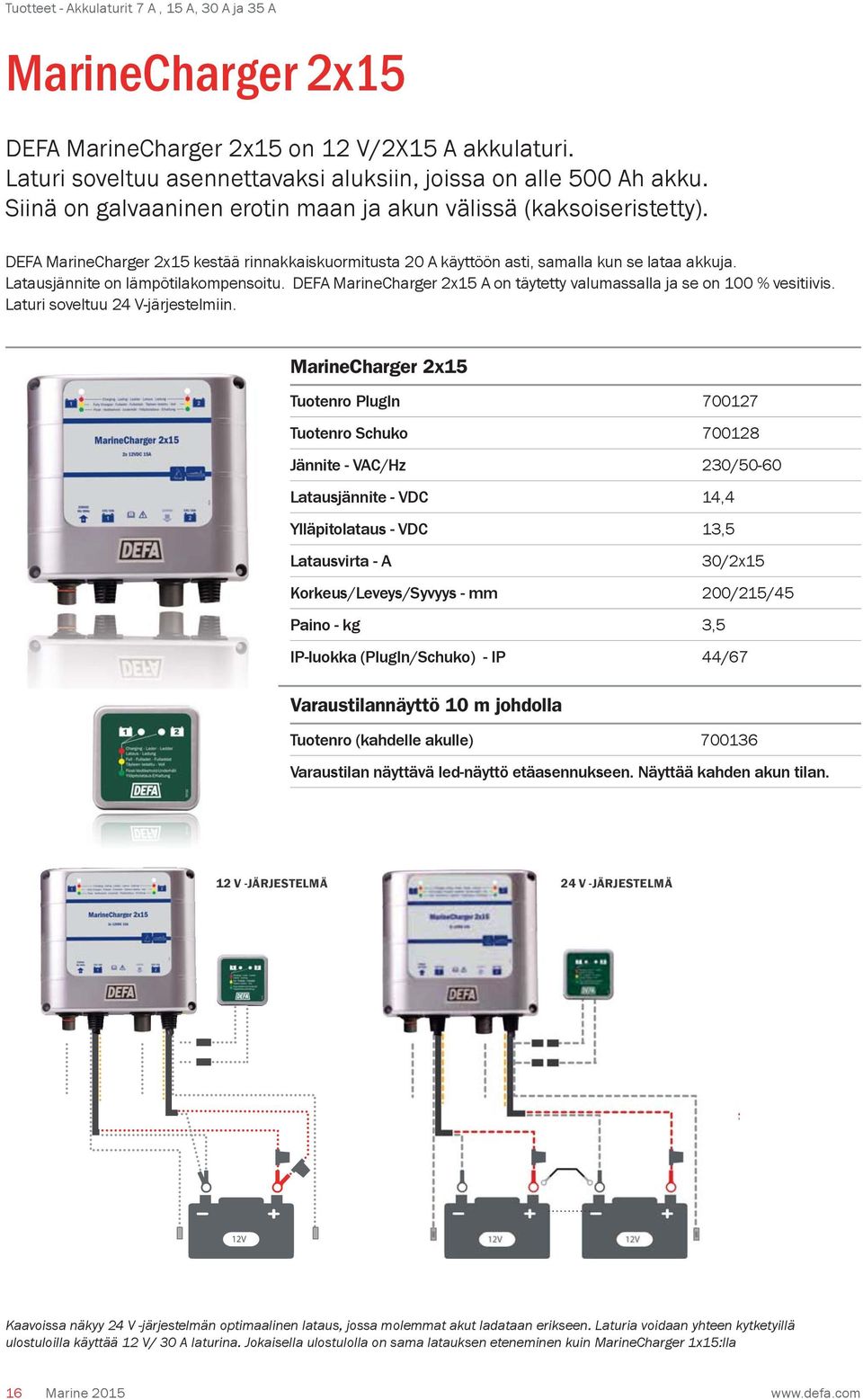 Latausjännite on lämpötilakompensoitu. DEFA MarineCharger 2x15 A on täytetty valumassalla ja se on 100 % vesitiivis. Laturi soveltuu 24 V-järjestelmiin.