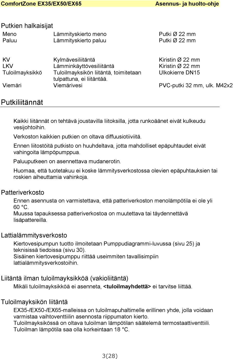 M42x2 Putkiliitännät Kaikki liitännät on tehtävä joustavilla liitoksilla, jotta runkoäänet eivät kulkeudu vesijohtoihin. Verkoston kaikkien putkien on oltava diffuusiotiiviitä.