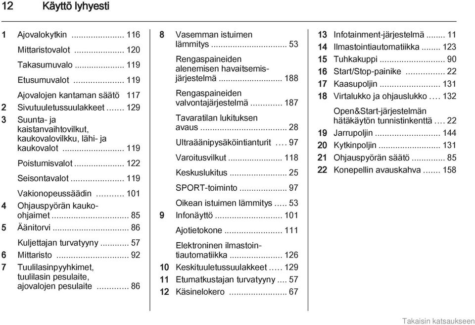 .. 86 Kuljettajan turvatyyny... 57 6 Mittaristo... 92 7 Tuulilasinpyyhkimet, tuulilasin pesulaite, ajovalojen pesulaite... 86 8 Vasemman istuimen lämmitys.