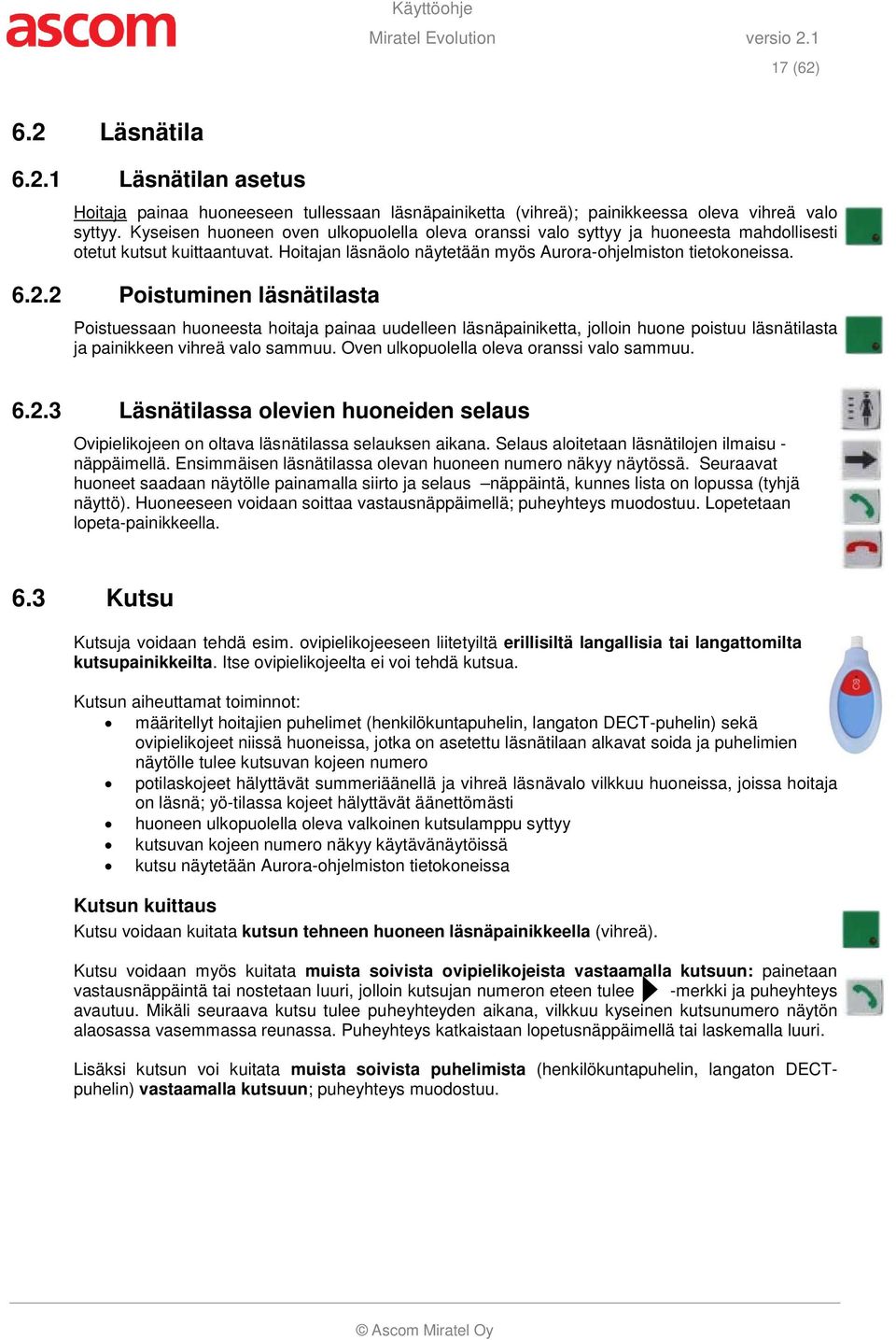 2 Poistuminen läsnätilasta Poistuessaan huoneesta hoitaja painaa uudelleen läsnäpainiketta, jolloin huone poistuu läsnätilasta ja painikkeen vihreä valo sammuu.