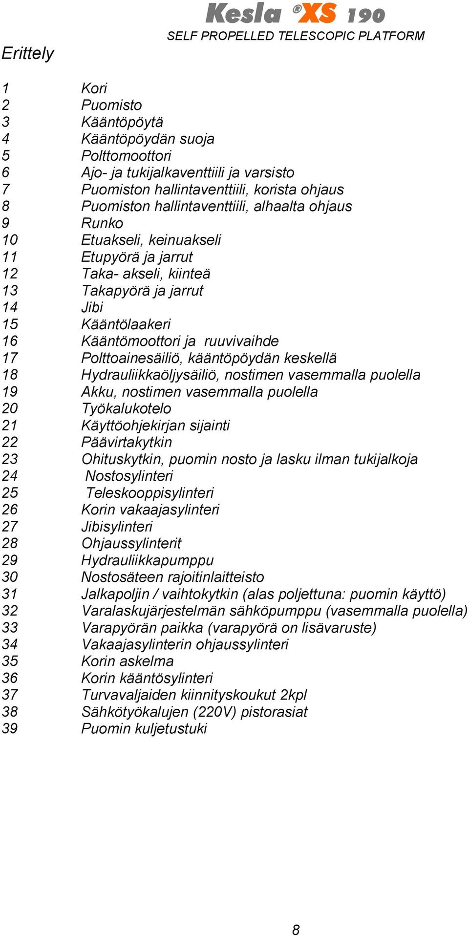 Polttoainesäiliö, kääntöpöydän keskellä 18 Hydrauliikkaöljysäiliö, nostimen vasemmalla puolella 19 Akku, nostimen vasemmalla puolella 20 Työkalukotelo 21 Käyttöohjekirjan sijainti 22 Päävirtakytkin