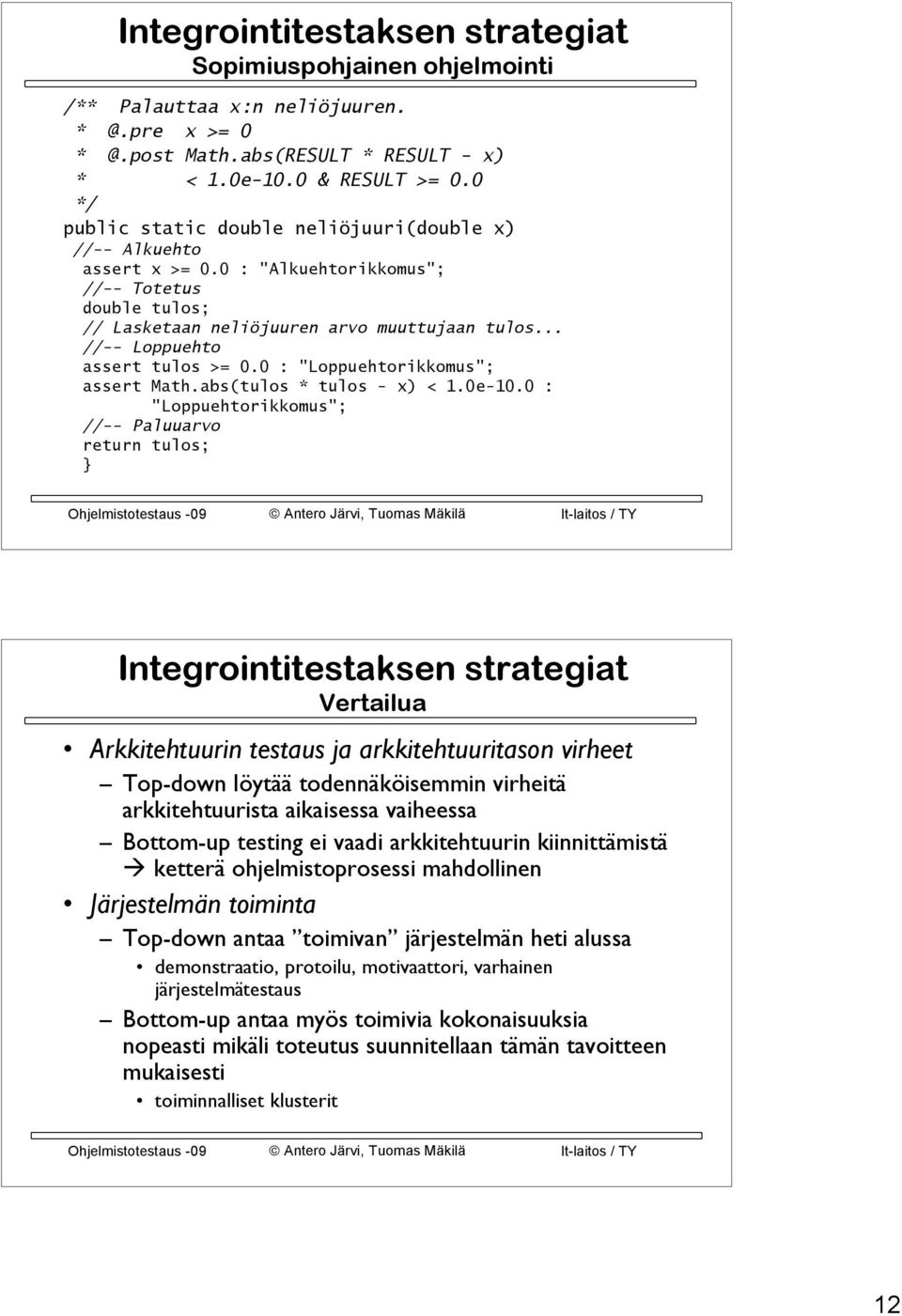 .. //-- Loppuehto assert tulos >= 0.0 : "Loppuehtorikkomus"; assert Math.abs(tulos * tulos - x) < 1.0e-10.