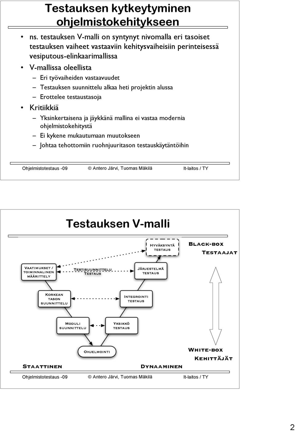 V-mallissa oleellista Eri työvaiheiden vastaavuudet Testauksen suunnittelu alkaa heti projektin alussa Erottelee testaustasoja Kritiikkiä