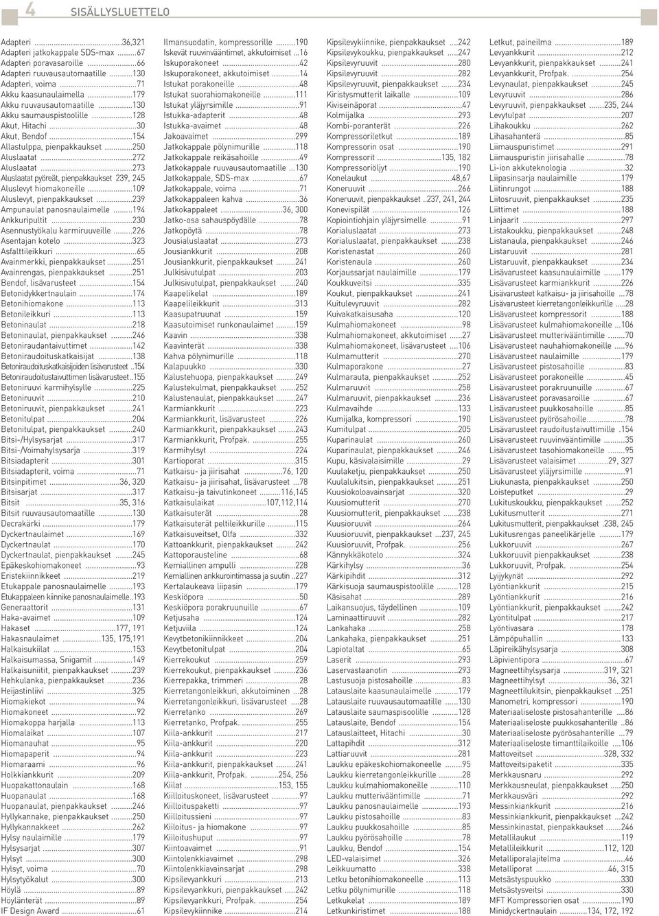 ..273 Aluslaatat pyöreät, pienpakkaukset 239, 245 Aluslevyt hiomakoneille...109 Aluslevyt, pienpakkaukset...239 Ampunaulat panosnaulaimelle...194 Ankkuripultit...230 Asennustyökalu karmiruuveille.