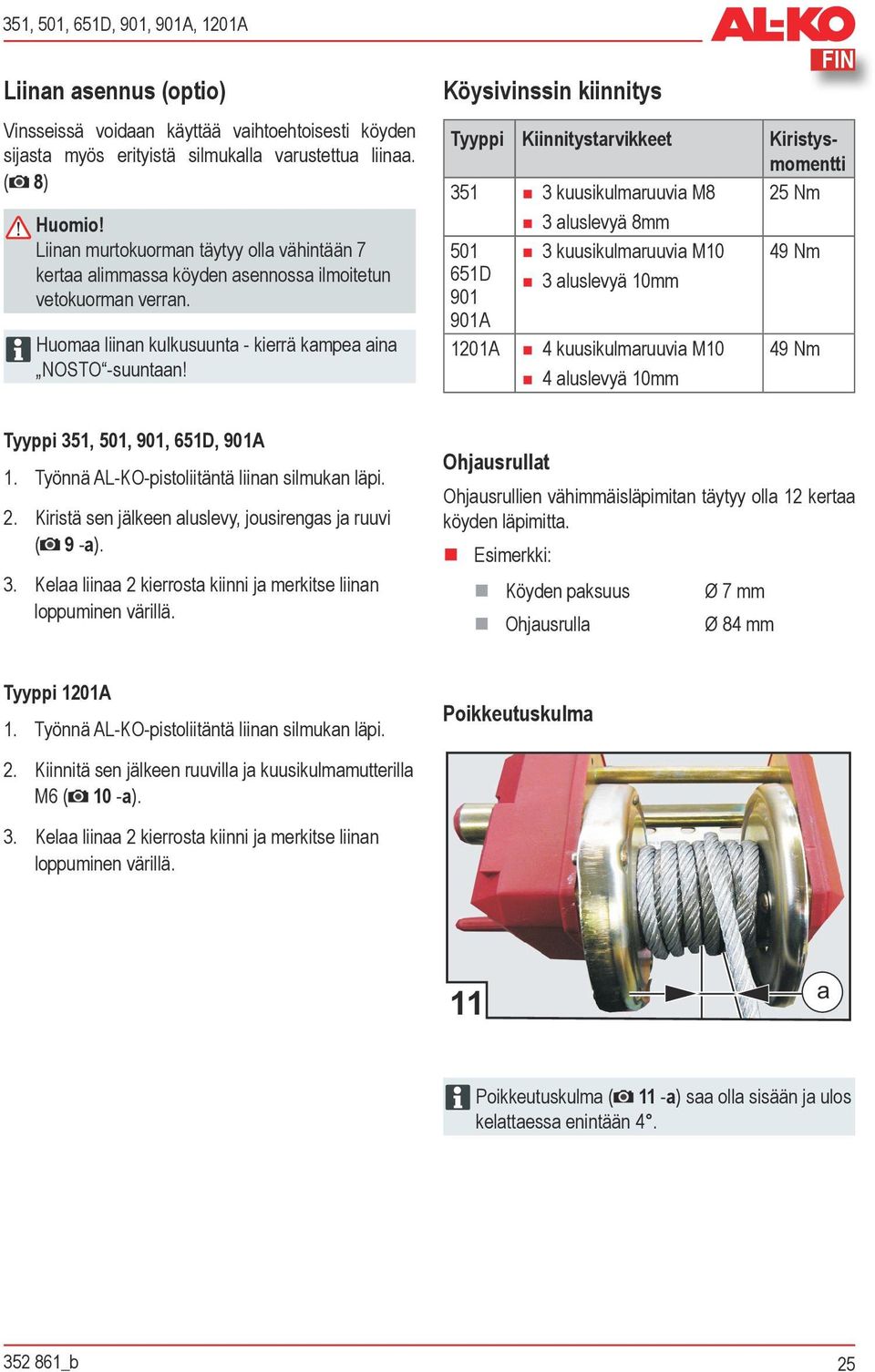 Köysivinssin kiinnitys FIN Tyyppi Kiinnitystrvikkeet Kiristysmomentti 351 3 kuusikulmruuvi M8 25 Nm 3 luslevyä 8mm 501 3 kuusikulmruuvi M10 49 Nm 651D 901 901A 3 luslevyä 10mm 1201A 4 kuusikulmruuvi