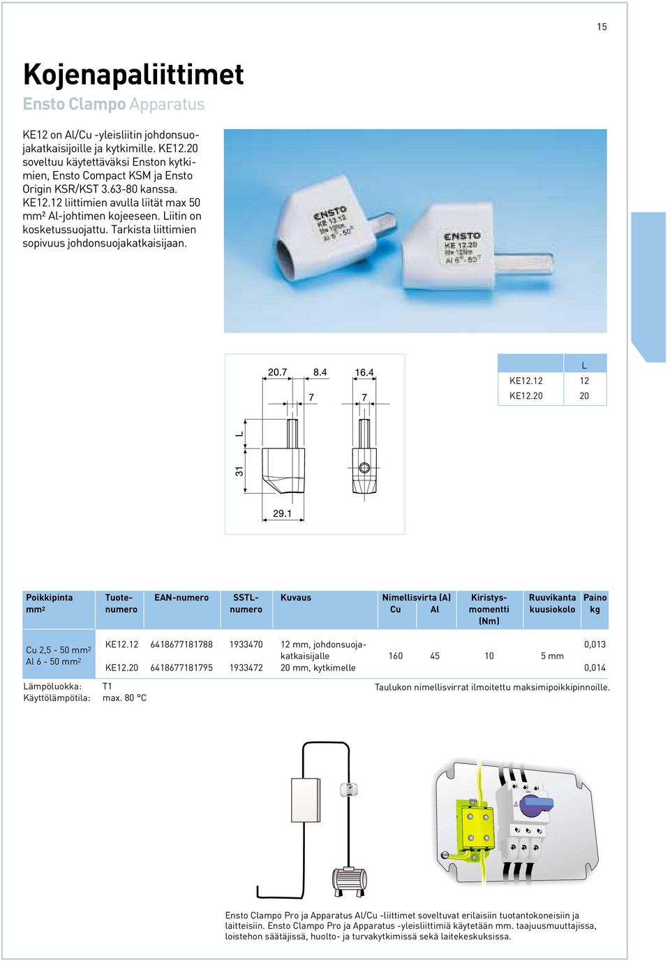 20 20 Poikkipinta Tuote- EAN-numero SSTL- Kuvaus Nimellisvirta (A) Kiristys- Ruuvikanta Paino mm 2 numero numero Cu Al momentti kuusiokolo kg (Nm) KE12.