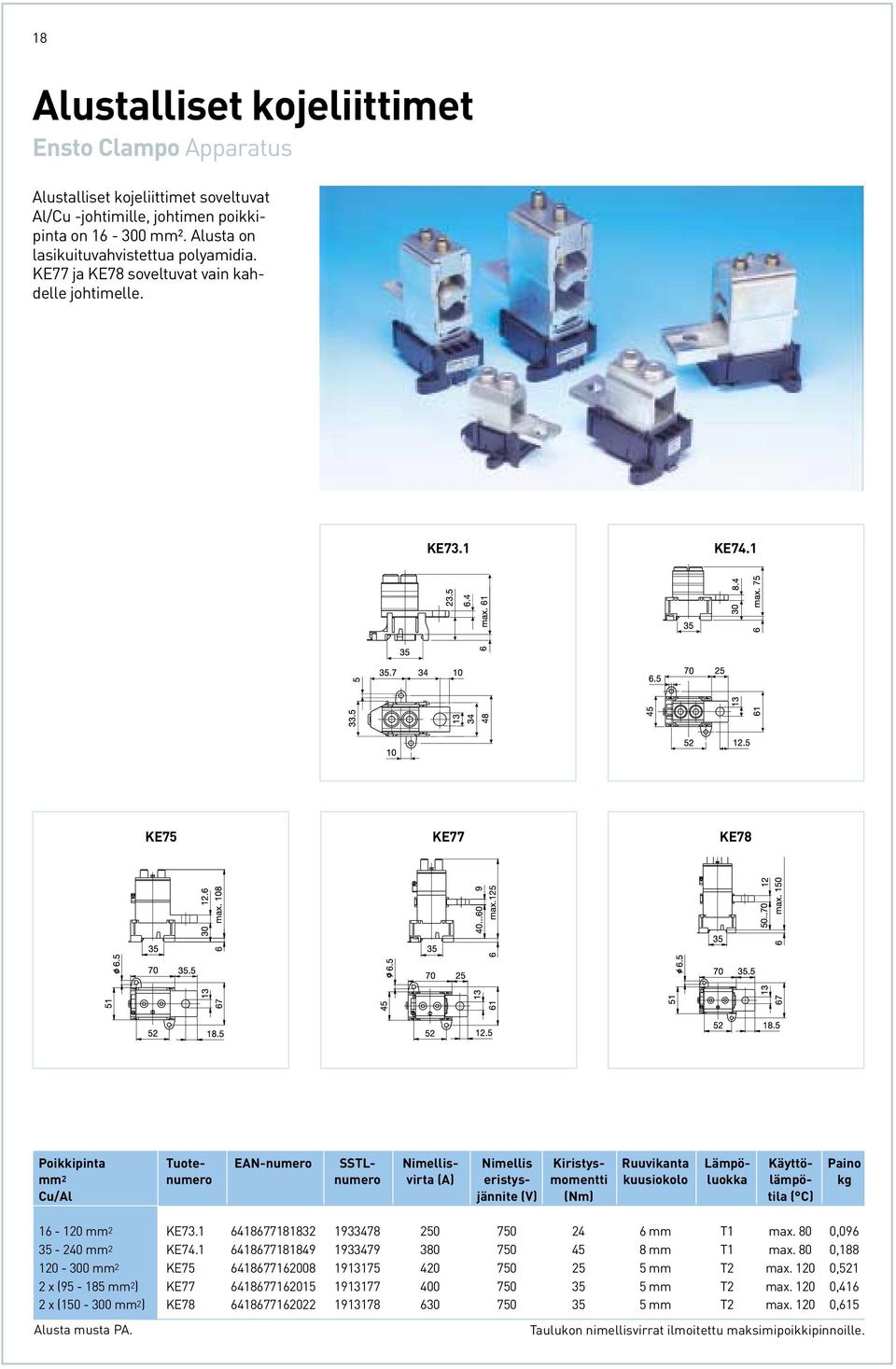 1 KE75 KE77 KE78 Poikkipinta Tuote- EAN-numero SSTL- Nimellis- Nimellis Kiristys- Ruuvikanta Lämpö- Käyttö- Paino mm 2 numero numero virta (A) eristys- momentti kuusiokolo luokka lämpö- kg Cu/Al