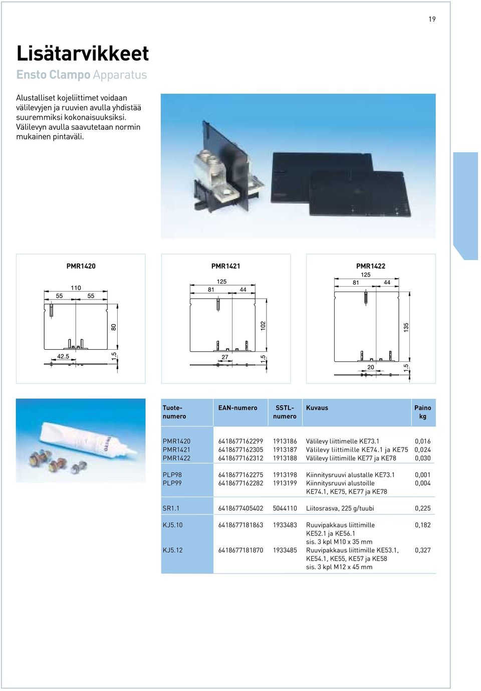 1 ja KE75 0,024 PMR1422 6418677162312 1913188 Välilevy liittimille KE77 ja KE78 0,030 PLP98 6418677162275 1913198 Kiinnitysruuvi alustalle KE73.