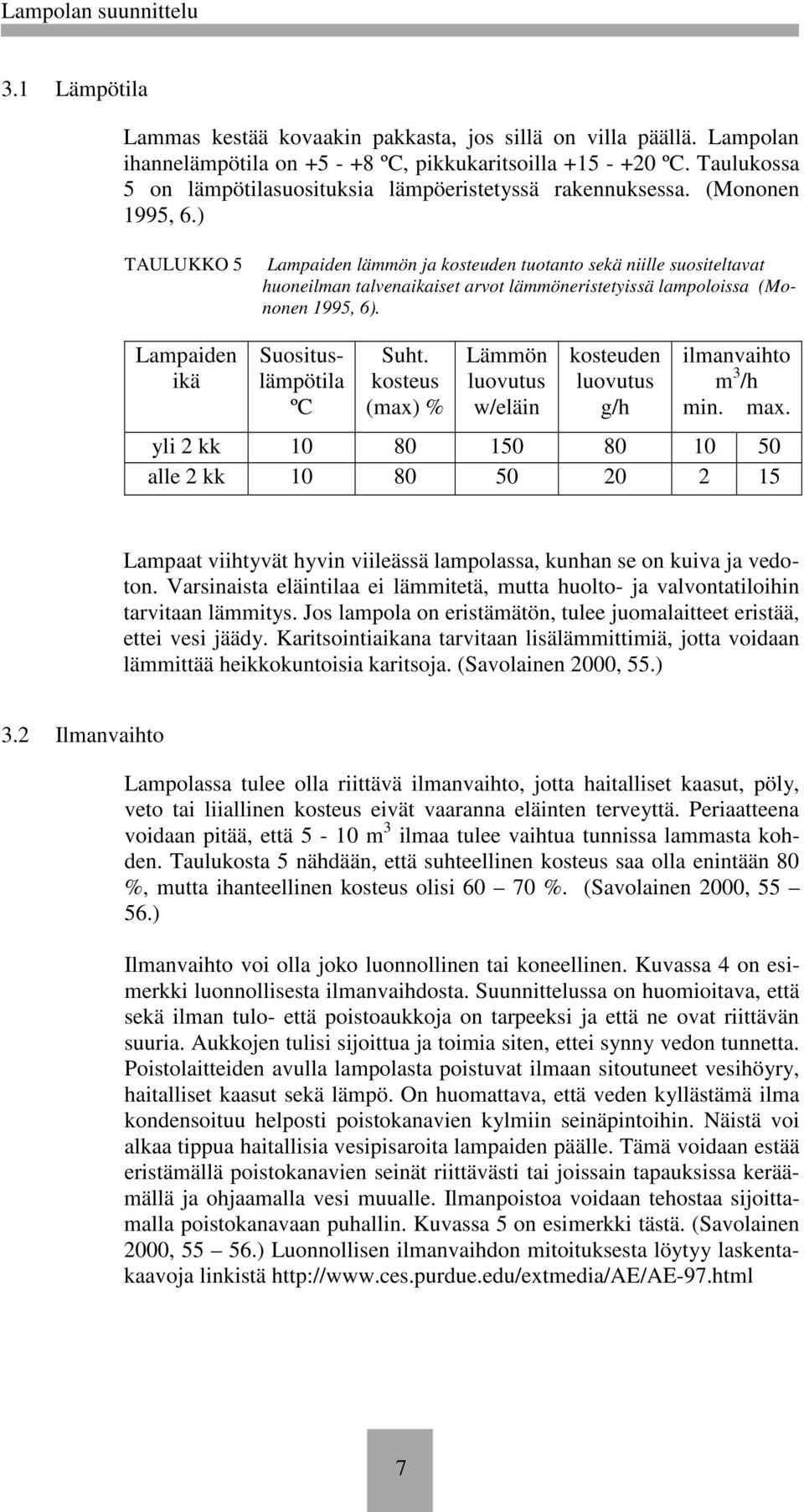 ) TAULUKKO 5 Lampaiden lämmön ja kosteuden tuotanto sekä niille suositeltavat huoneilman talvenaikaiset arvot lämmöneristetyissä lampoloissa (Mononen 1995, 6). Lampaiden ikä Suosituslämpötila ºC Suht.