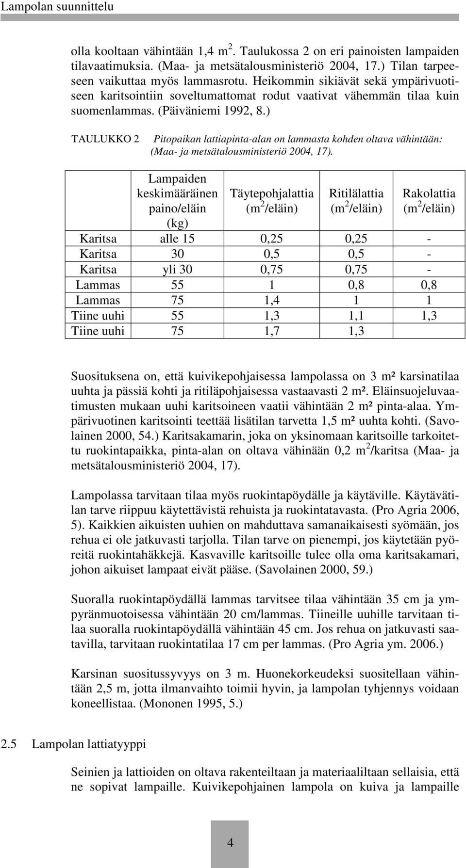 ) TAULUKKO 2 Pitopaikan lattiapinta-alan on lammasta kohden oltava vähintään: (Maa- ja metsätalousministeriö 2004, 17).