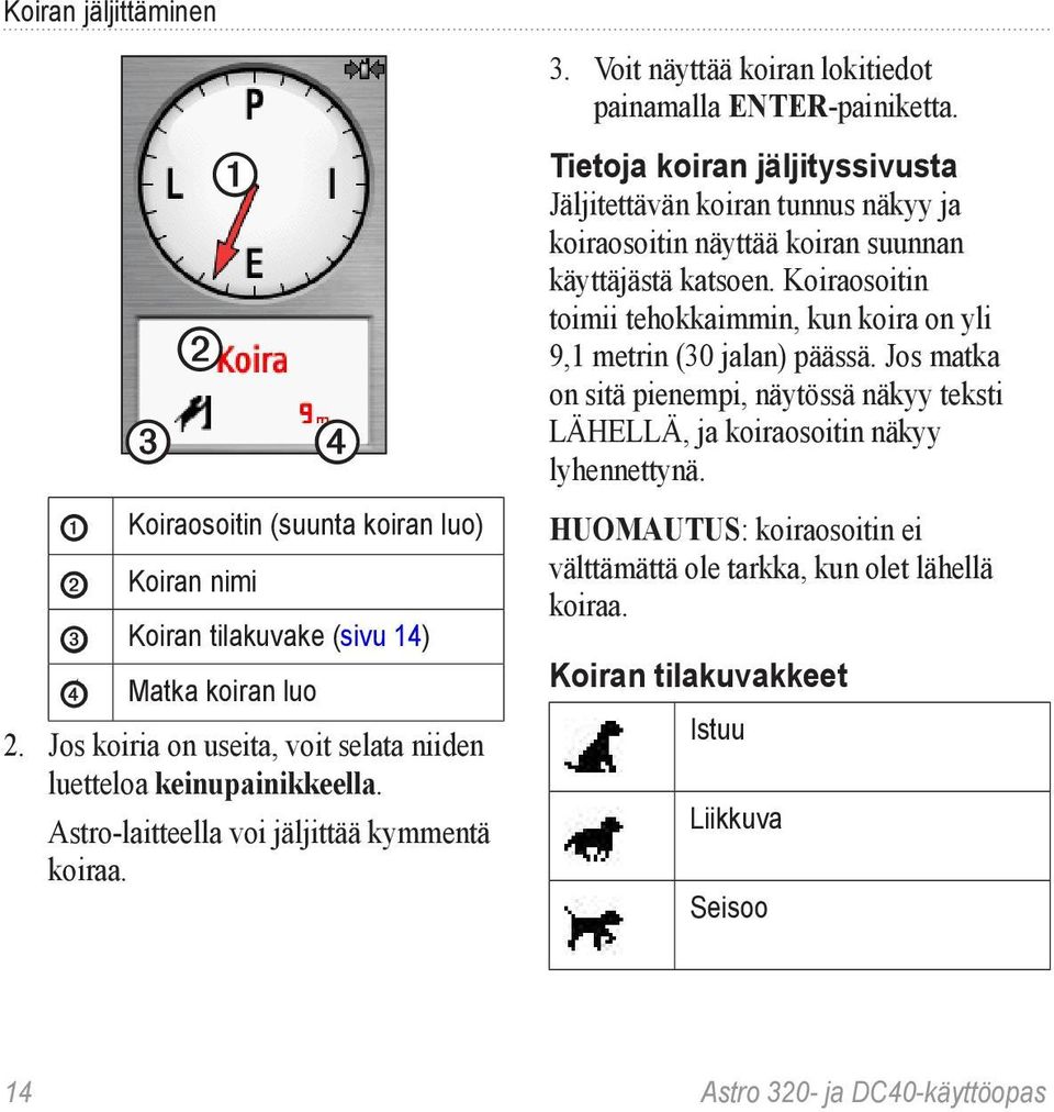 Tietoja koiran jäljityssivusta Jäljitettävän koiran tunnus näkyy ja koiraosoitin näyttää koiran suunnan käyttäjästä katsoen.